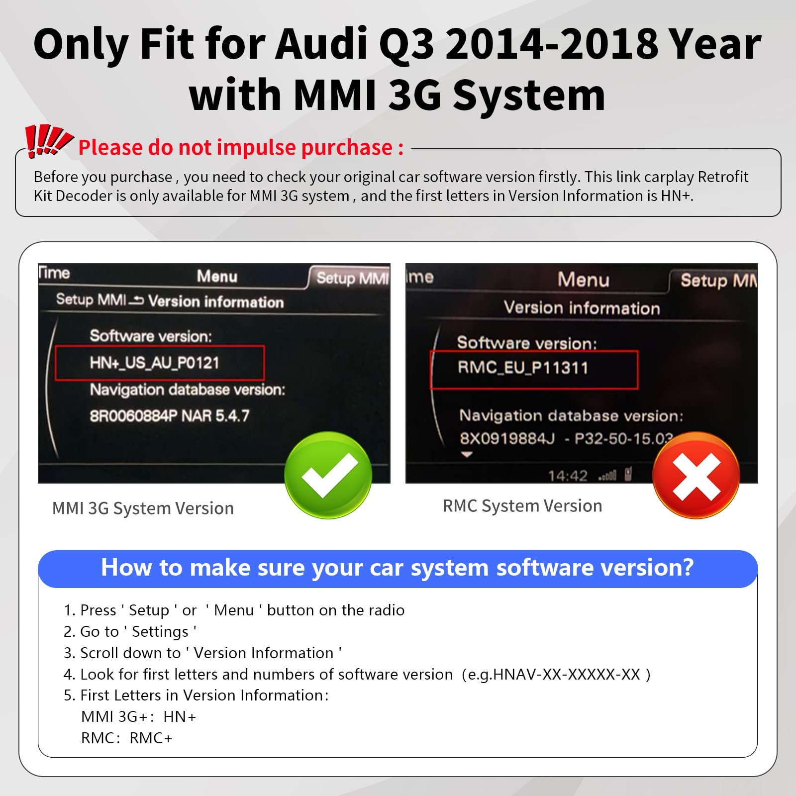 Road Top Bezprzewodowy Carplay Android Auto dla Audi Q3 2014-2018 Rok z MMI 3G, (HN+ wersja oprogramowania samochodowego), Obsługa Mirrorlink, Kamera, Nawigacja
