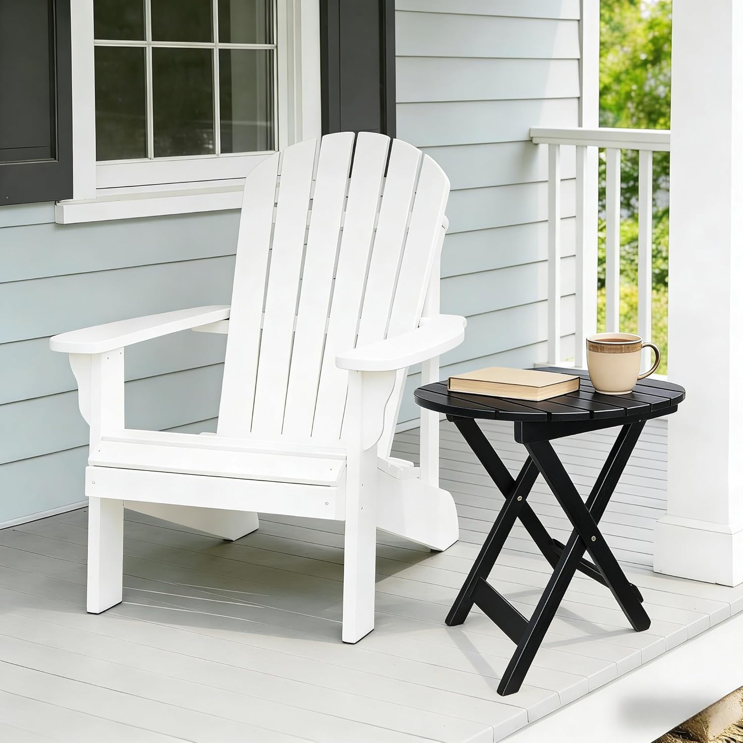 Outdoor Wooden Side Table, Folding Patio End Table, Small Round Furniture Table for Adirondack Chair, Balcony, Porch, Acacia Wood, No Assembly, Black