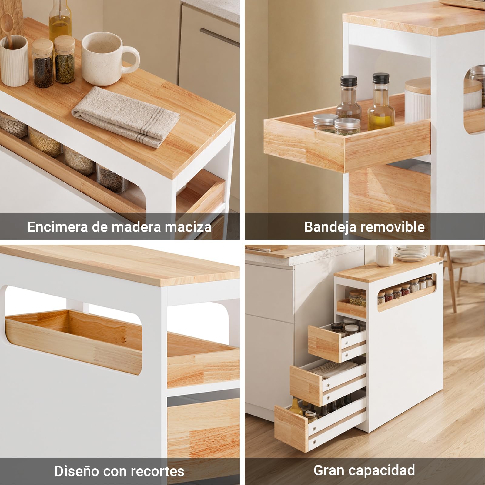 SoBuy Carrito Cocina con Ruedas Blanco y Madera 65 x 23 x 82 cm | Mueble Auxiliar de Cocina con Encimera, Cajón y Estantes Abiertos Cajonera Estrecha, Armario Almacenaje, BZR54-III-WN