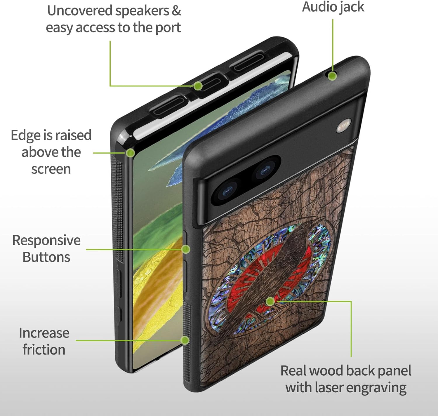 Carveit Designer Wooden Case for Google Pixel 8a Case Cover [Wood Engraving & Shell Inlay] Compatible with Wireless Chargers Pixel 8a (The Haloed Crow-Walnut)