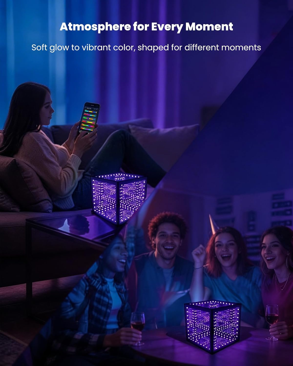 Nobiggie Infinity Mirror Cube Ambient Lighting, 3D Deep Space RGB LED Mood Light with Music Rhythm Sync, Futuristic Hypercube Decor for Home, Bedroom & Living Room (Space Black, Plus - 6 Inch)