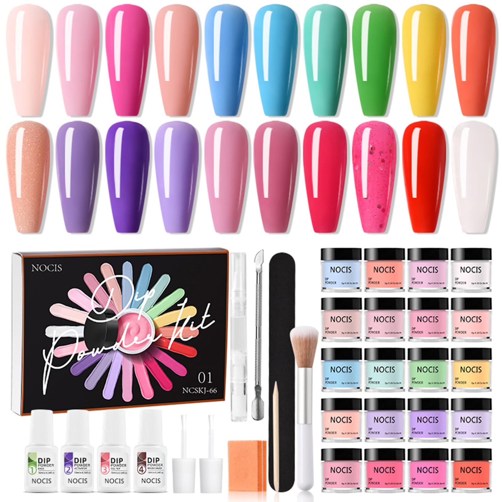 Kit de uñas en polvo de inmersión de 20 colores, secado rápido, no se necesita lámpara LED, kit de inicio de polvo de muesca con base con base, capa superior, activador (NCSKJ-66)
