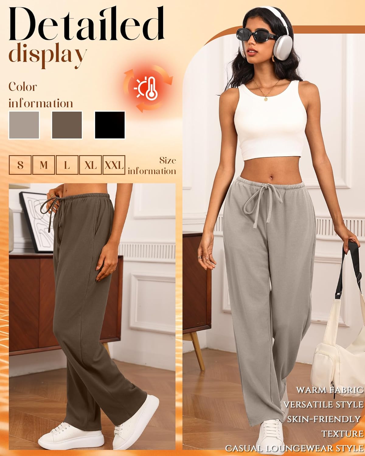 3 Pack Women's Fleece Lined Sweatpants Wide Leg Lounge Thermal Pants Baggy Drawstring Warm Joggers with Pockets - Image 5