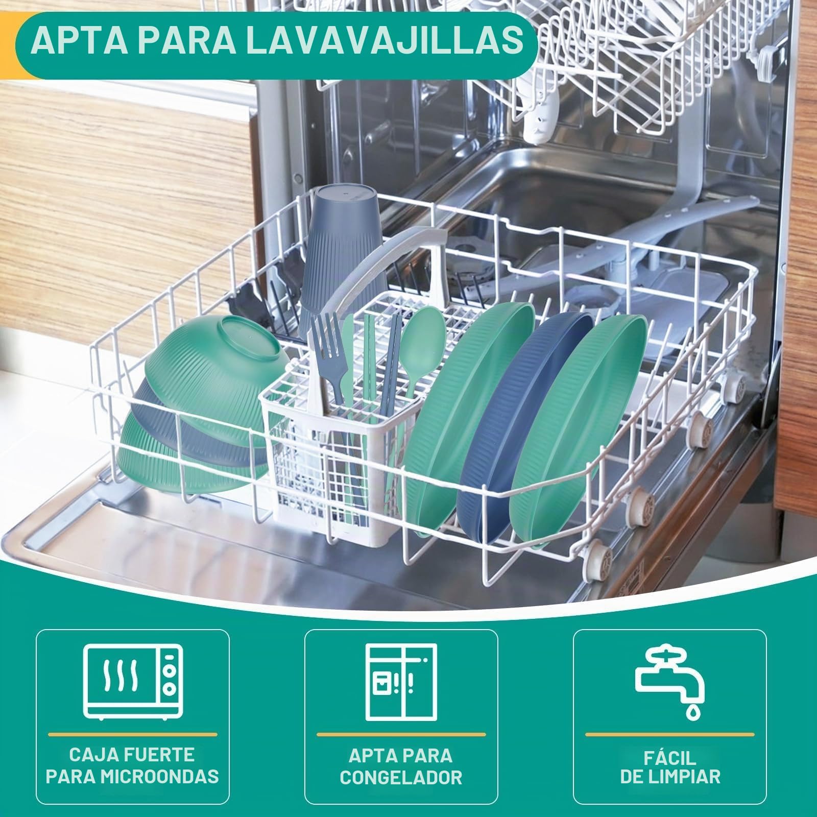 Juego de Vajilla de 55 Piezas para 4 Personas,Vajilla de Plástico, Reutilizado Vajilla Irrompible,Cuencos y Platos para Cena, Picnic, Camping, Barbacoa