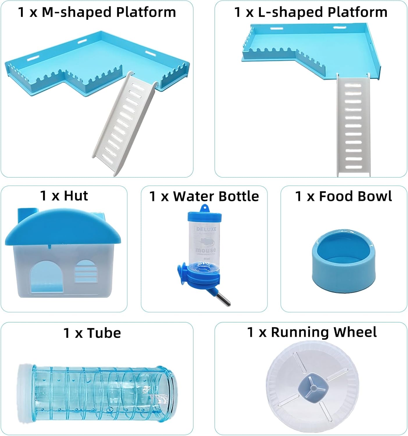 Tfwadmx Dwarf Hamster Cage Small Hamster Habitat Mouse Home Small Animal Cage with Tube Exercise Wheel Hut Rat Habitat for Gerbils Mice 18.5“x11.8”x11.8“ Blue