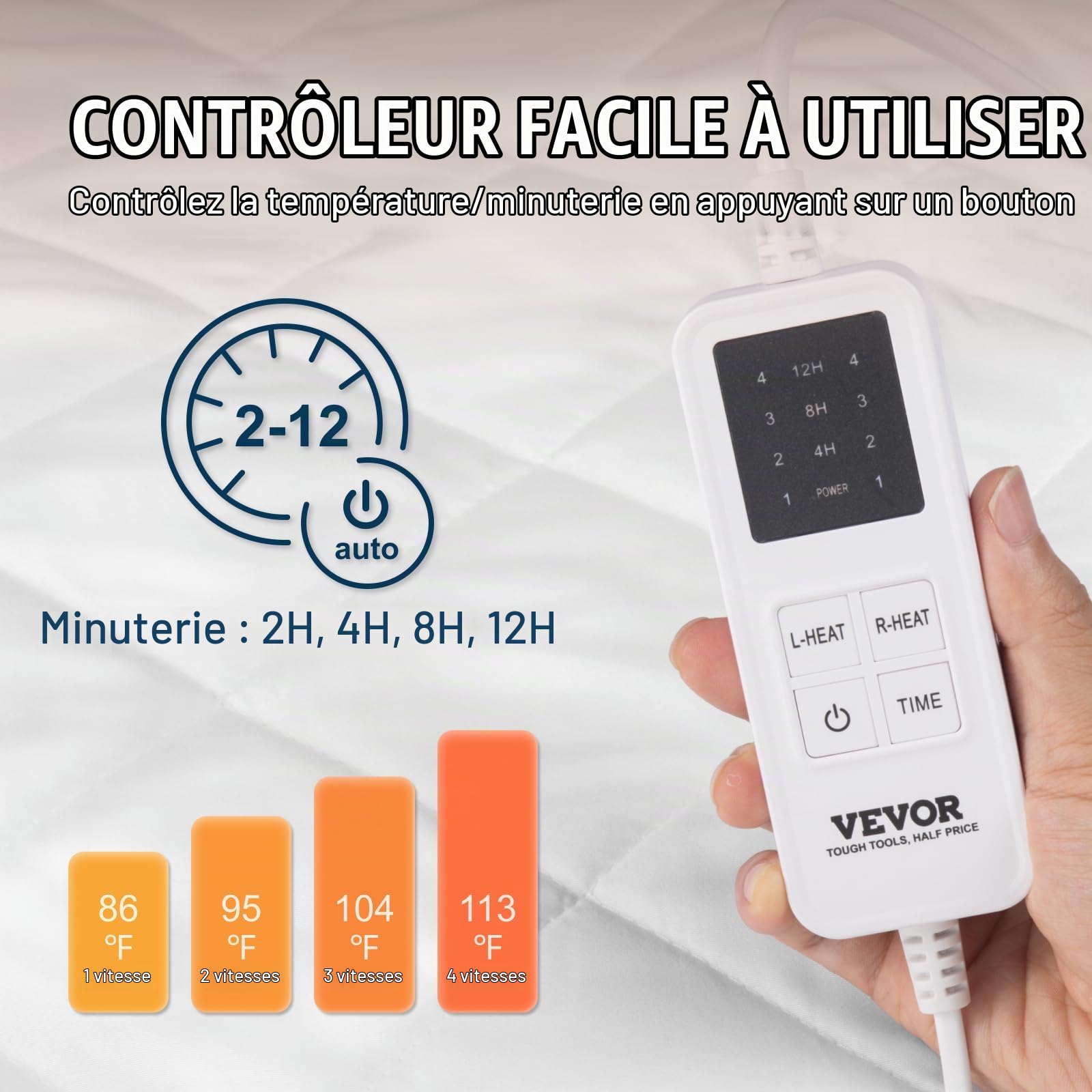 VEVOR Surmatelas Chauffant, 195x165 cm, Chauffe-lit Électrique en Tissu Brossé avec 4 Niveaux de Chauffage, Minuterie de 12 Heures, Arrêt Automatique Après 8 Heures, Sangle Contour Élastique Profonde