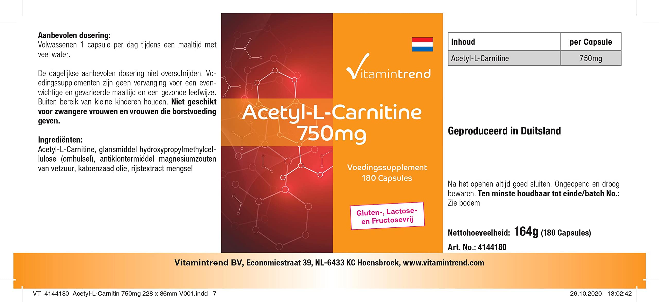 Vitamintrend Acetil-L-Carnitina 750 mg, 180 capsule, ad alto dosaggio, integratore alimentare vegano senza stearato di magnesio, prodotto in Germania