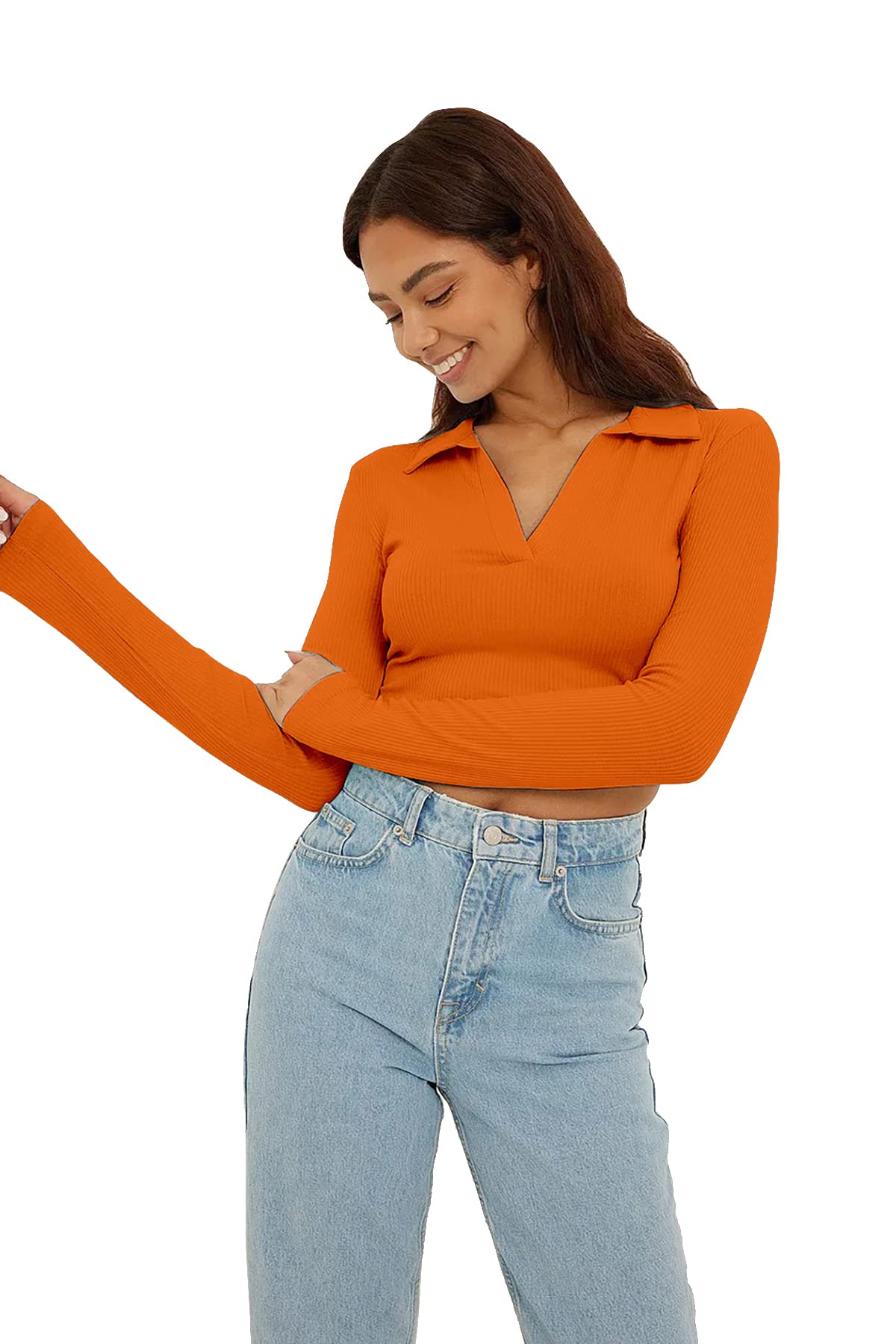 Women's Regular Fit Crop top Full Sleeves Polo Neck-image-34
