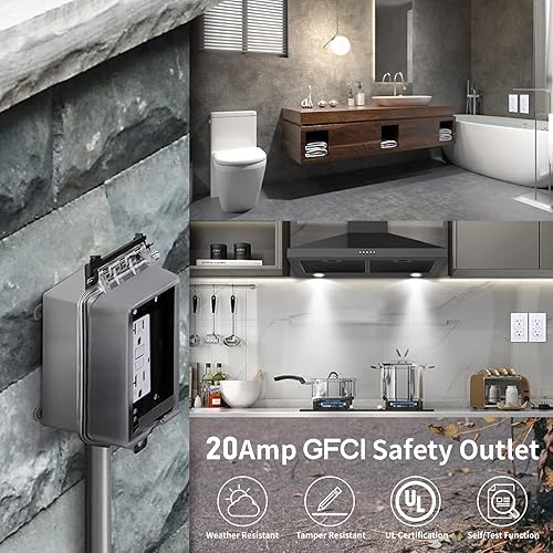 Miniatura 7 de Toma GFCI de 20 amperios, resistente a manipulaciones, resistente a la intemperie, uso en interiores o exteriores, indicador LED con placas de pared