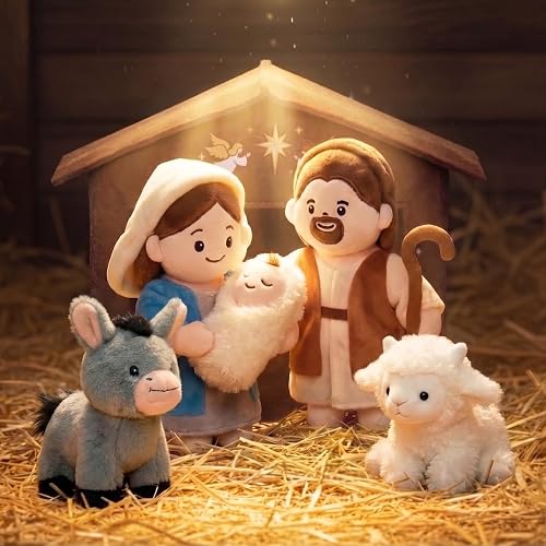 OUOZZZ Jesus Plush Nativity Set with Mary, Joseph, Lamb &