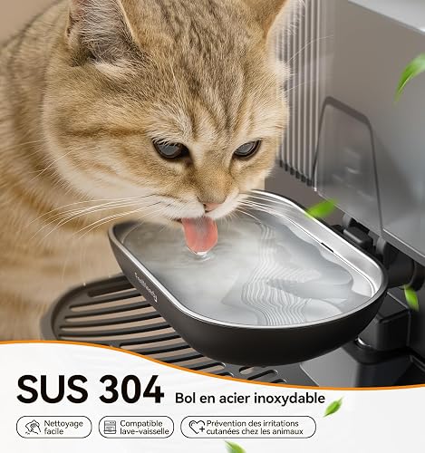 Fontaine à Eau pour Chat sans Fil et sans Filtre Réservoir 3,5 L, Noir | FEELNEEDY Fontaine à eau pour Chat avec Eau Fraîche Séparée des Eaux Usées, Batterie 2000 mAh, Bol en Acier Inoxydable - 4