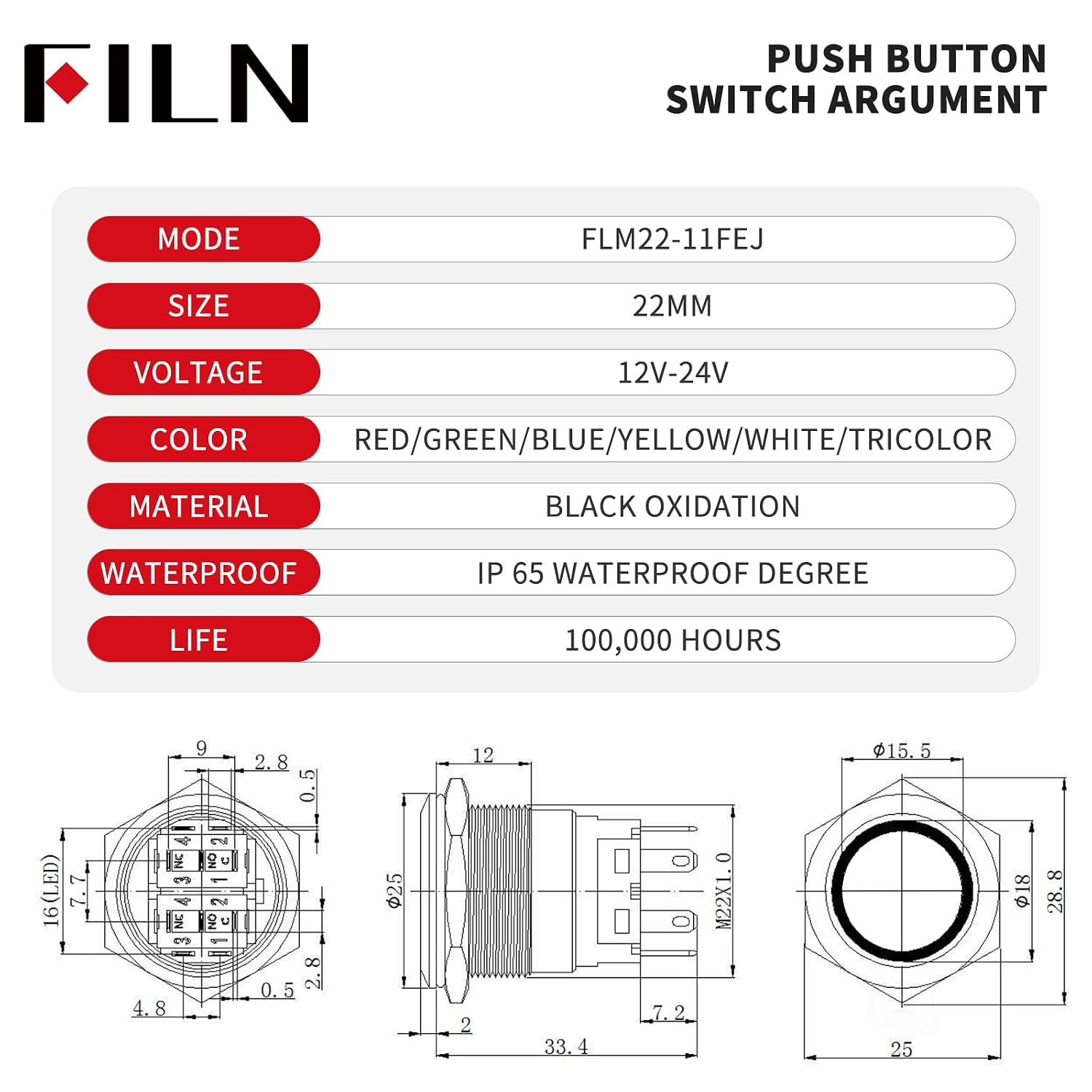 2PCS 22mm Latching Push Button Switch 12V-24V DC IP65 Waterproof Black Shell On Off with LED Angel Eye Head Pre-Wired Socket Plug for Machine Panel（Green LED）