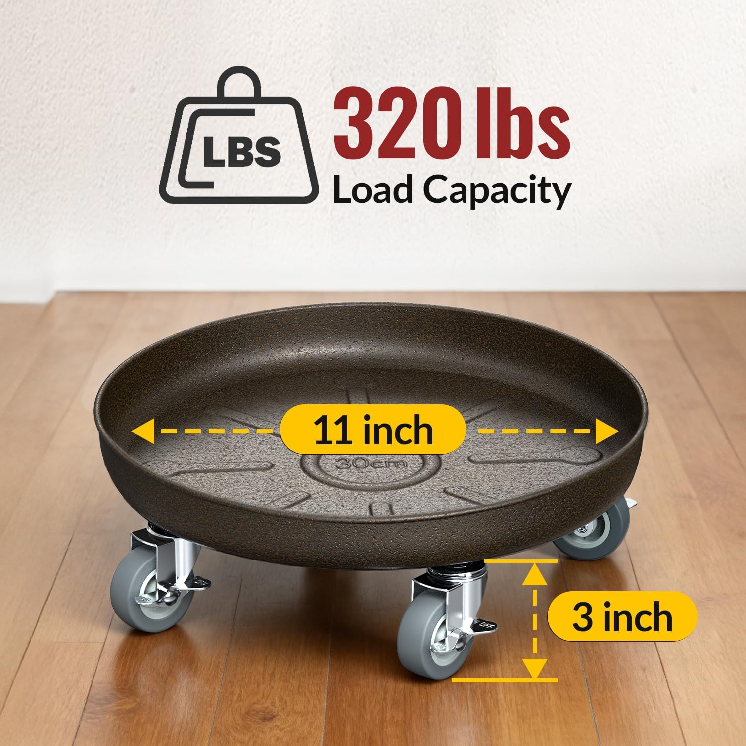 HOLKIE 12" Plant Stand with Wheels - Total Capacity 320 lbs - Rolling Plant Caddy with Brake - Plant Saucer for Indoor&Outdoor - Flower Cart, Rust-Resistant Finish, Easy to Move