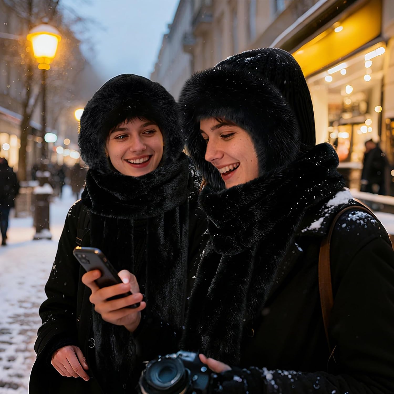 Hooded Scarf for Women Winter - Faux Fur Scarf Hat Gloves 3 in 1 Set Soft Thick Warm - Image 5