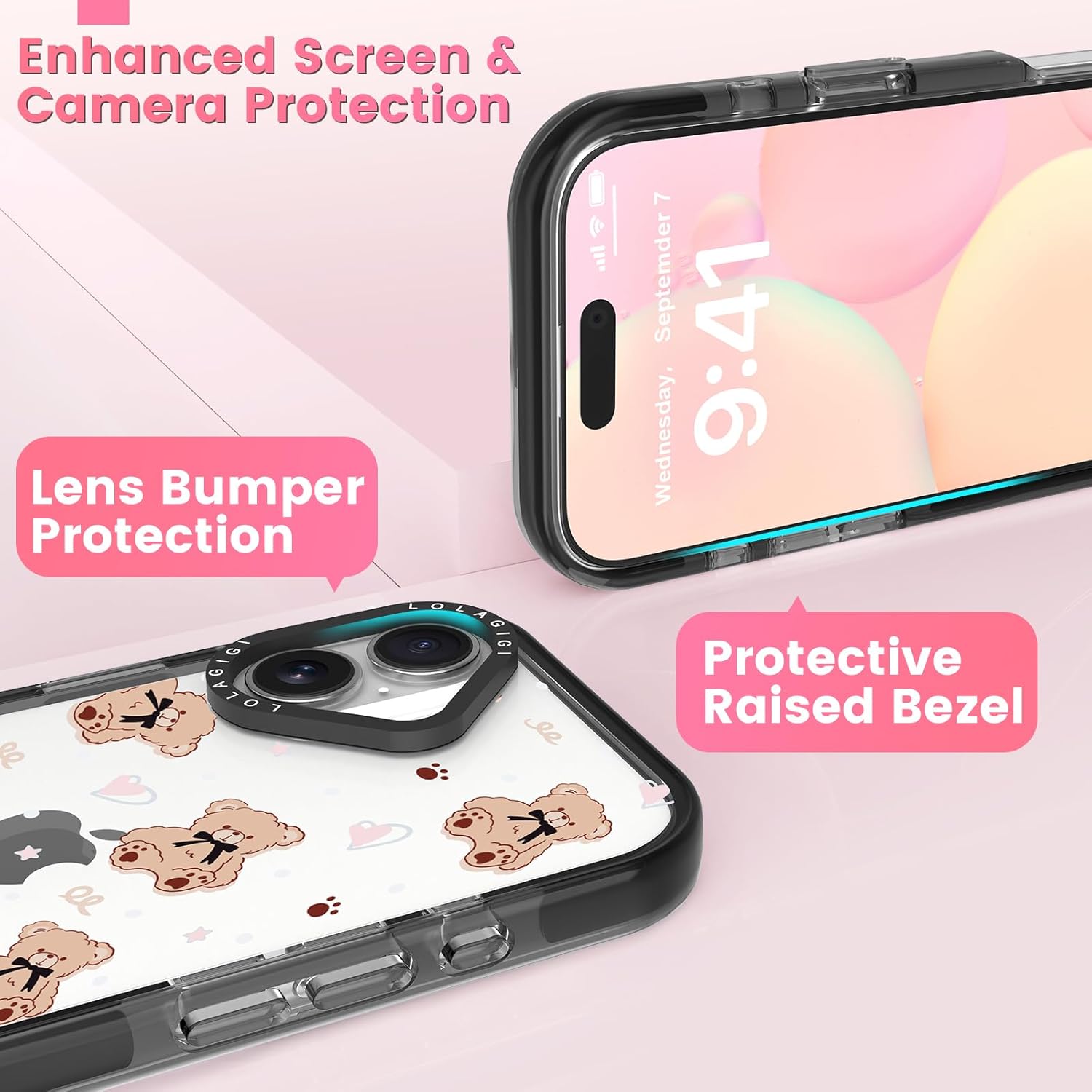 Case for iPhone 16, Cute Brown Teddy Bear Kawaii Design Girly Aesthetic Cartoon Pattern for Women Girls Teens Transparent Acrylic Hard Case,6.1" - Image 3