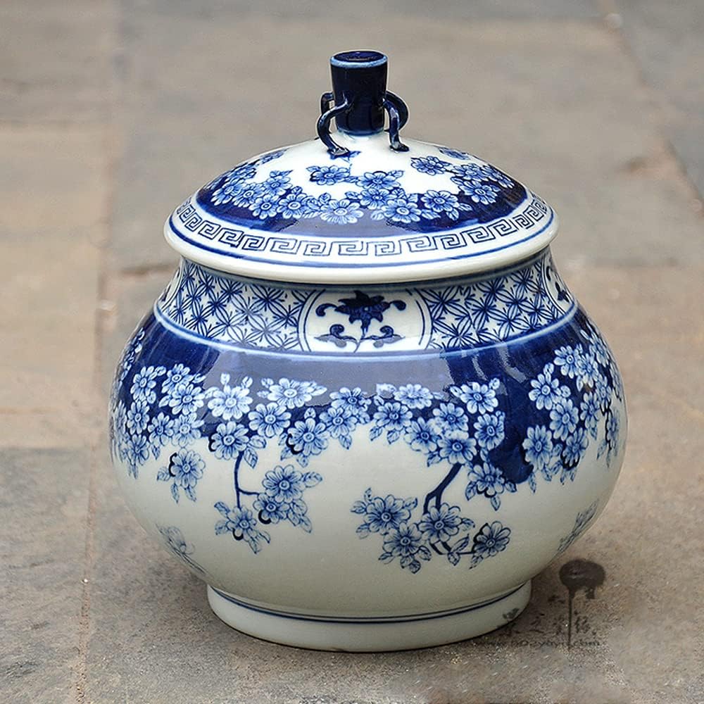 Porcelain Decorative Jar Print Vase Ginger Jar Centerpiece Decor Blue and White Porcelain Chinese Medicinal Materials Cans Storage Cans Sugar Bowls Tea Cans Can Hold About 1.5kg of Sugar
