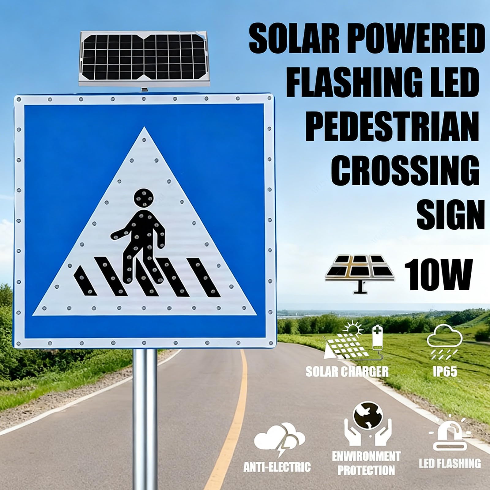 Señal de parada con energía solar para cruce de peatones, señal de seguridad vial iluminada, señal de advertencia de tráfico de aluminio reflectante