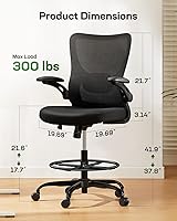 Vista 2 de Marsail Silla de dibujo, silla de oficina alta con soporte lumbar 2D, silla de escritorio de pie con reposabrazos abatibles acolchados y anillo Negro