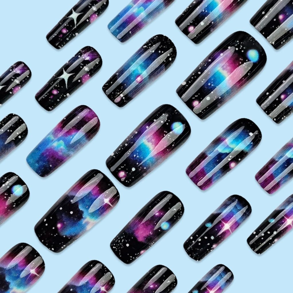 24 Pcs Colorful Star Clouds Stick on Nails Glossy Full Covers False Nails Stylish Manicures Supplies