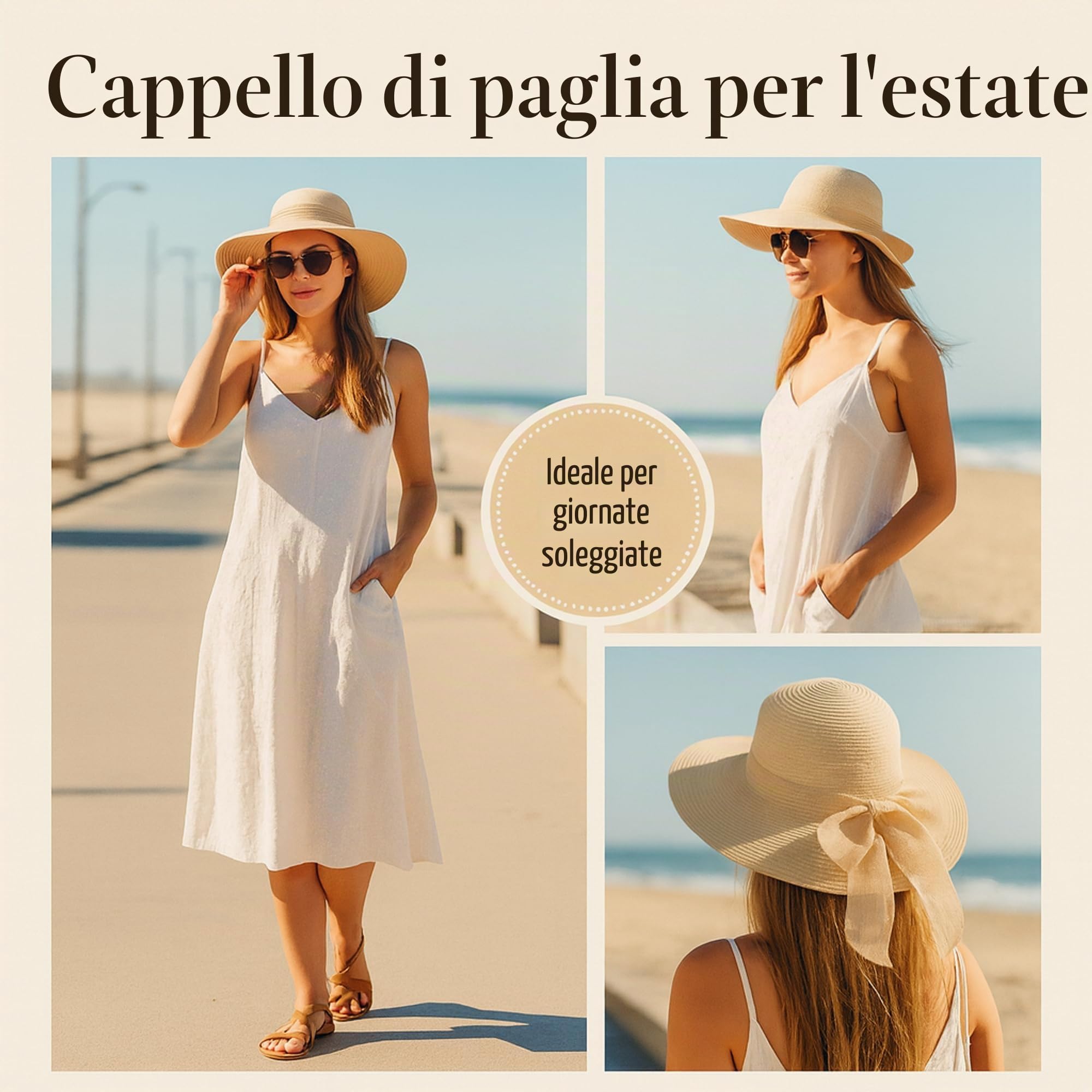 Cappello da Sole da Donna scanalatura in Paglia, Cappello Estivo con Fiocco, Cappello da Spiaggia, Cappello a Tesa Larga, Cappello floscio