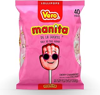 Vero Manita Paletas Strawberry & Cherry Flavored Lollipop (40 Count Bag) - Individually Wrapped Lollipops - Mexican Candy - Paletas Mexicanas Sabor Fresa