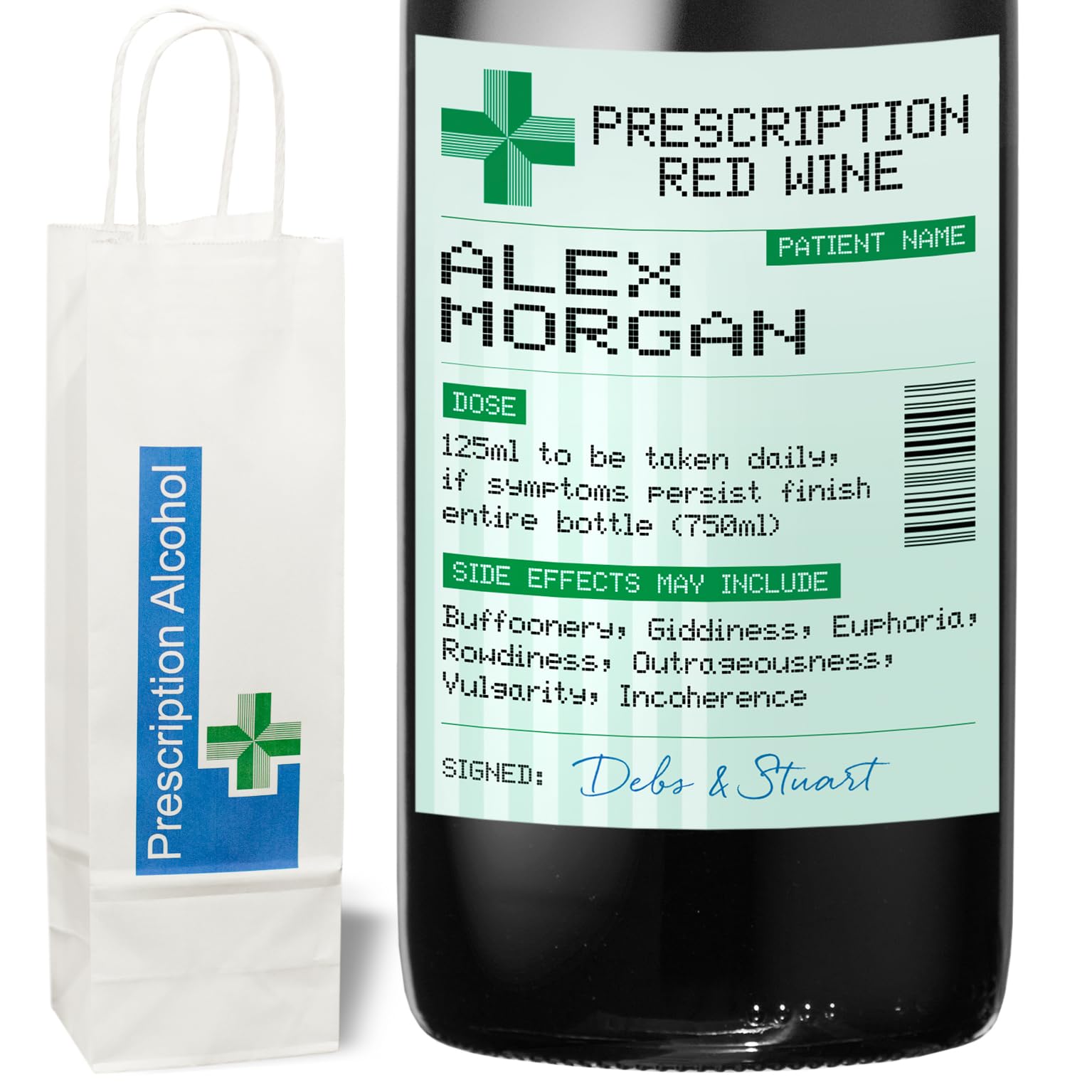 Personalised Prescription Label Suitable for 750ml Wine, Gin, Whisky, Vodka, Rum Bottle with Spoof 'Prescription Alcohol' Gift Bag