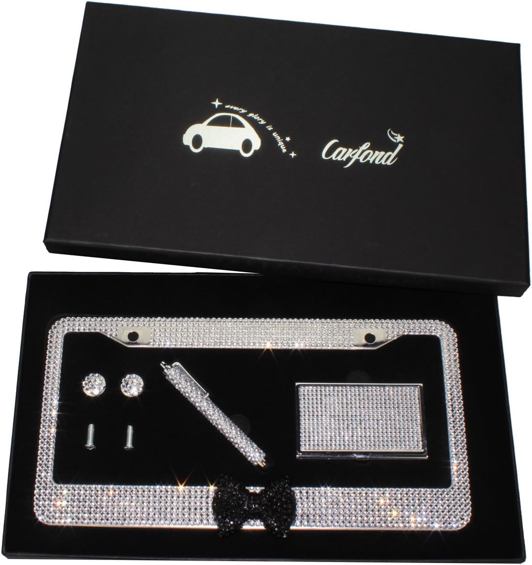 Carfond 2 Pack Handcrafted 1000+ pcs Finest 14 Facets SS20 Premium Crystal Waterproof Stainless Steel License Plate Frame Anti-Theft Screws Caps (Clear-Black Bowtie Gift Set)