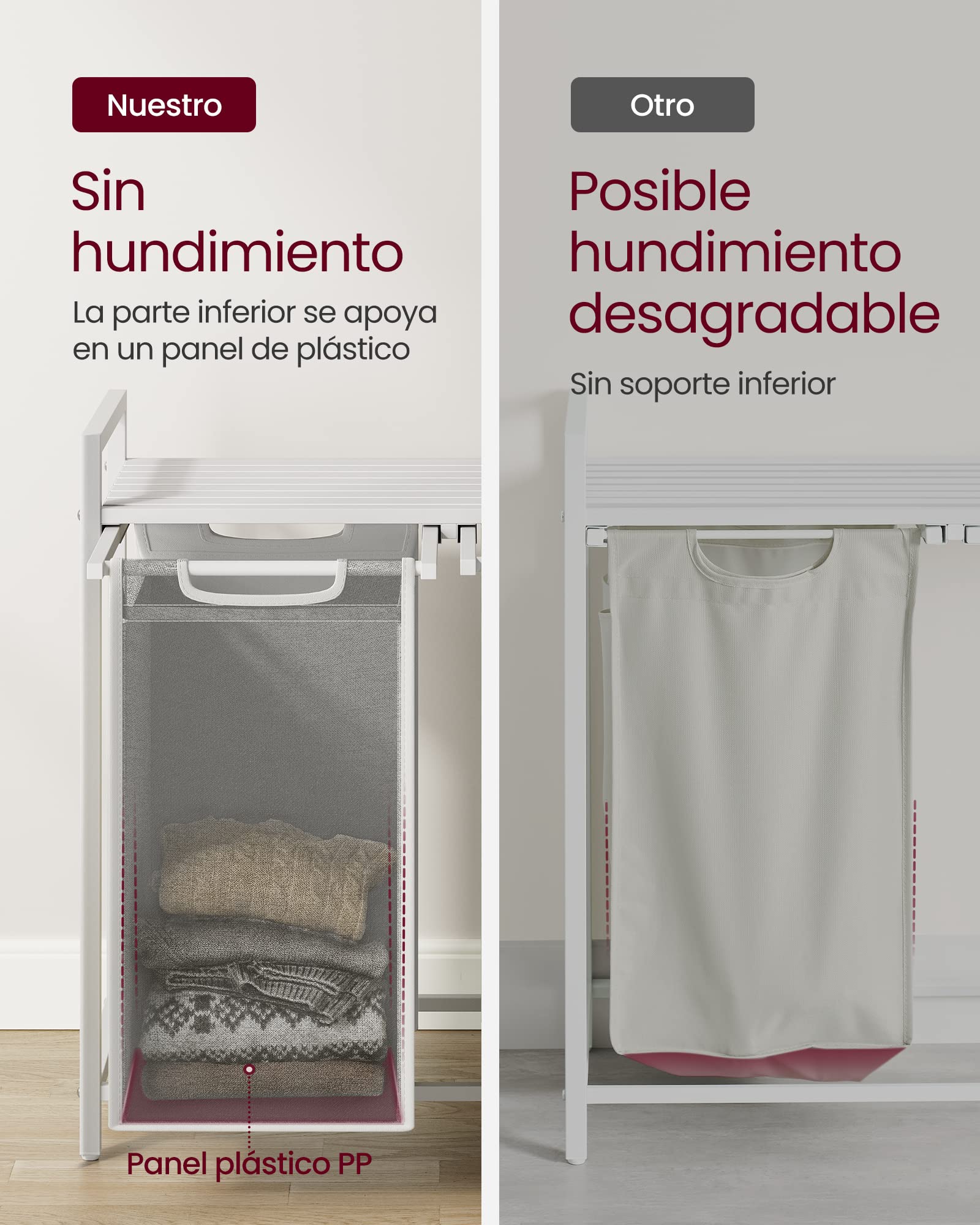 VASAGLE Cesto para Ropa Sucia, 2 Bolsas de Tela Oxford Extraíble, 73 x 33 x 72 cm, Blanco Crema y Blanco Mate