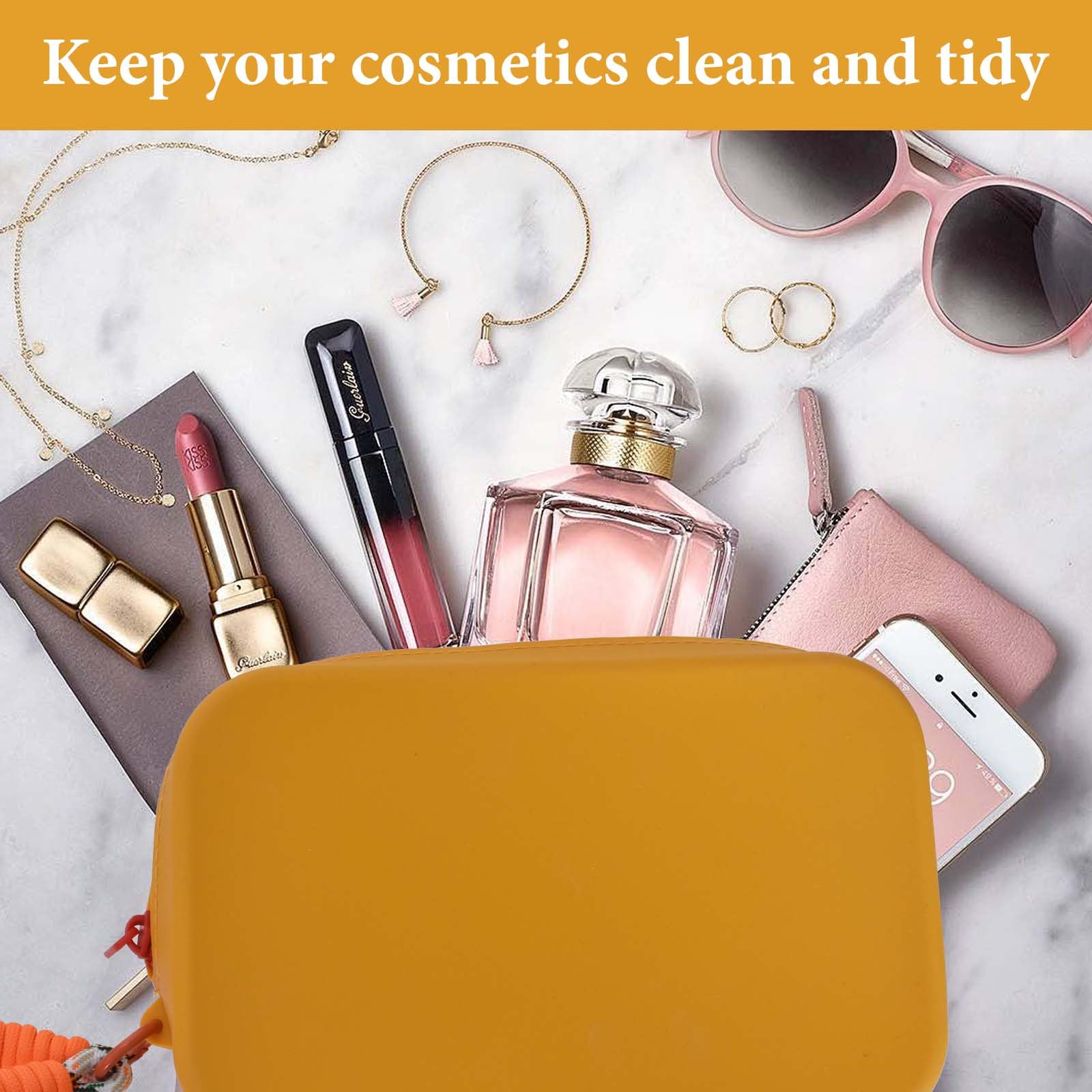Bolsa de Cosméticos de Silicona, Bolsa de Maquillaje de Viaje, Neceser de Aseo Impermeable, Bolsa Aseo Silicona Portátil 2 PCS Rosa y Naranja, Bolso de Tocador para Mujeres y Hombres