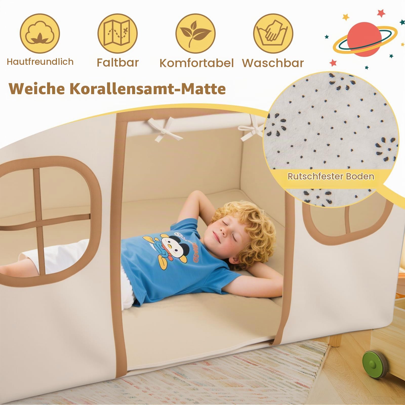 HOMASIS Kinderzelt Indoor, Kinder Spielhaus aus Baumwolle, Spielzelt mit Sternenlichtern & gepolsterter Matte & 4 Fenstern & Vorhang, Prinzessin Zelt für Jungen & Mädchen ab 3 Jahren (Beige+Schwarz)