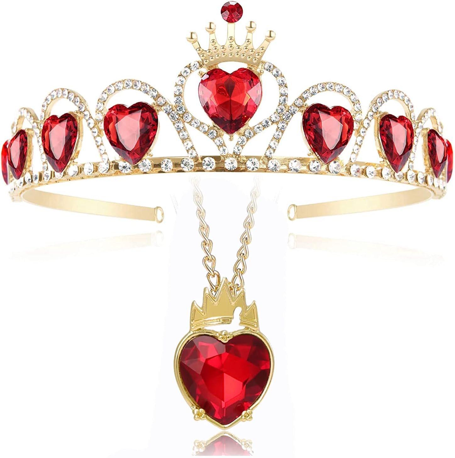 Red Heart Golden Crown Necklace Descendants Queen of Hearts Ruby birthstones Costume Fan Jewelry Valentine's Day Sweetheart Pre Teen Gift for Her (Evie)