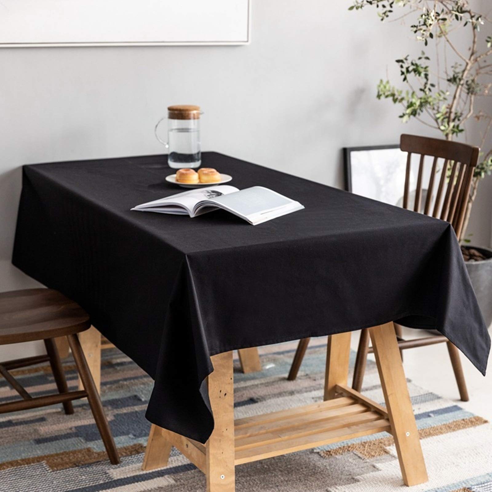 Nappe couleur unie noir 145x220cm en coton moderne pour table et picnic