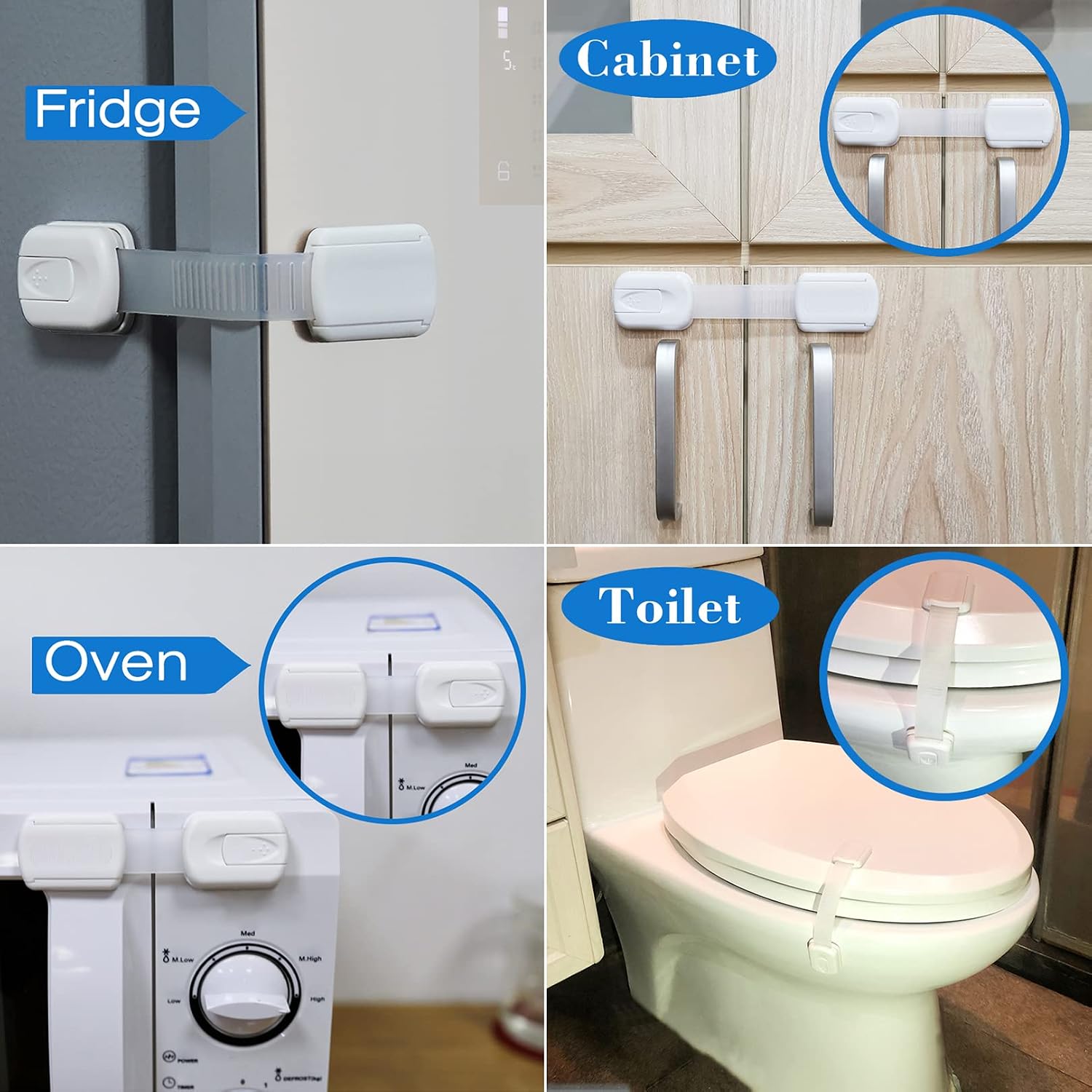 chenjin Child Safety Strap Locks (4 Pack) Drawer Locks Baby Proofing, Childproof Cabinet Latches for Toilet, Strong Adhesive Latch No Tools or Drilling, White