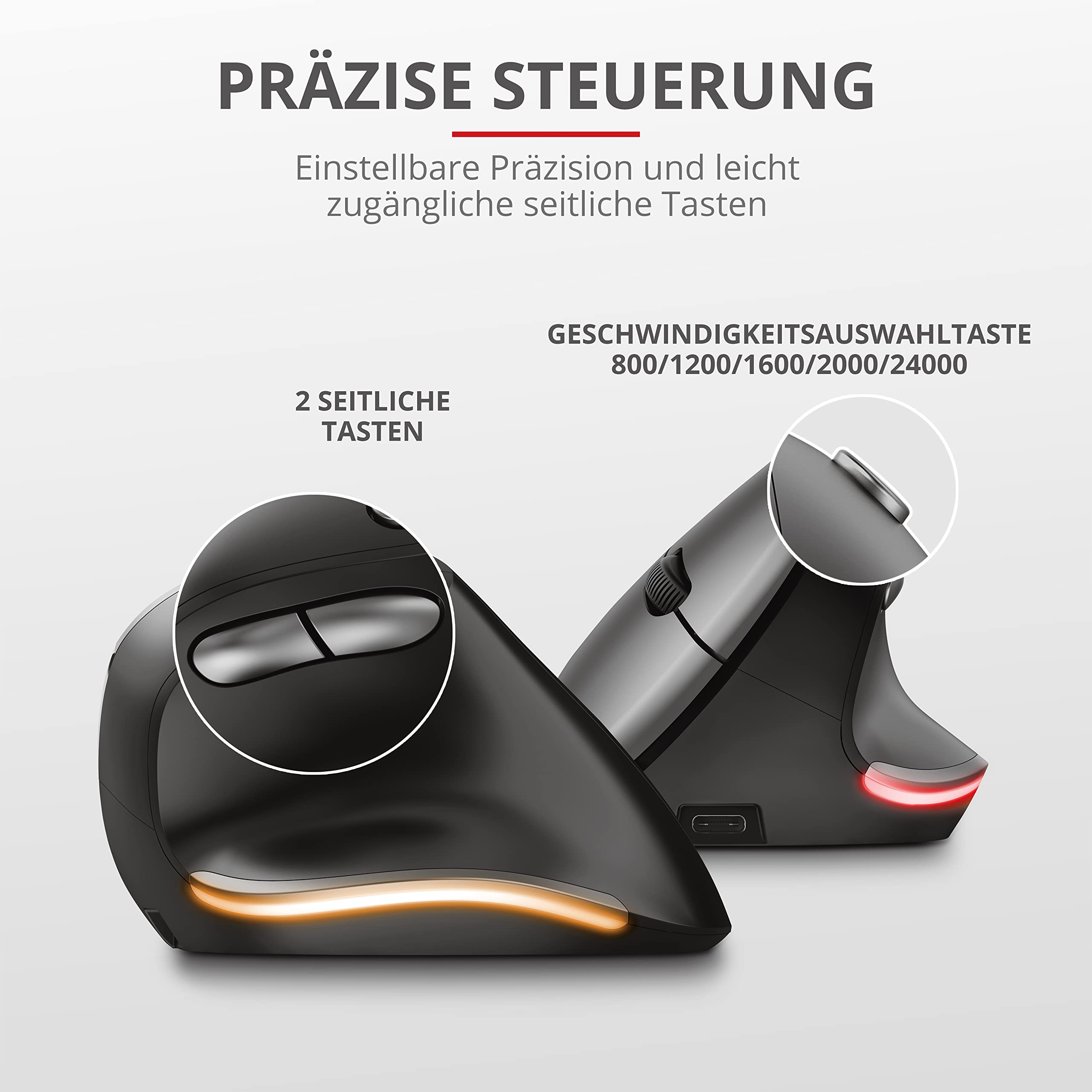 Trust Bayo Kabellose Vertikale Maus, Wiederaufladbare Ergonomische Maus, 800-2400 DPI, RF 2.4GHz, 6 Tasten, USB-Empfänger, Funkreichweite 10m, RGB, Funkmaus für Laptop, PC, Computer, Mac