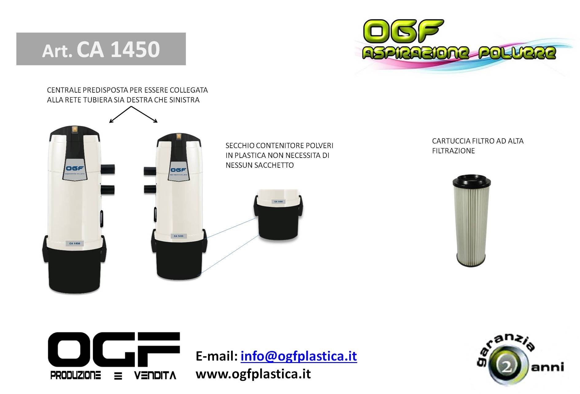 CENTRALIZZATO MONOFASE BIANCO - ASPIRAPOLVERE CENTRALIZZATO CA 1450 CON SOFT START E VALVOLA ROMPIVUOTO