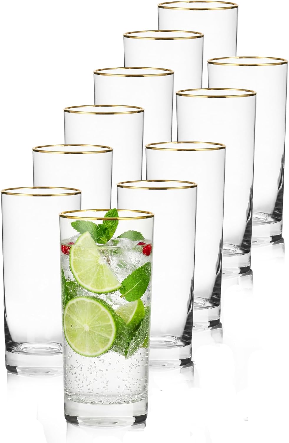 Highball Glasses, Gold Rim Crystal Glassware, 16 oz, Set of 6