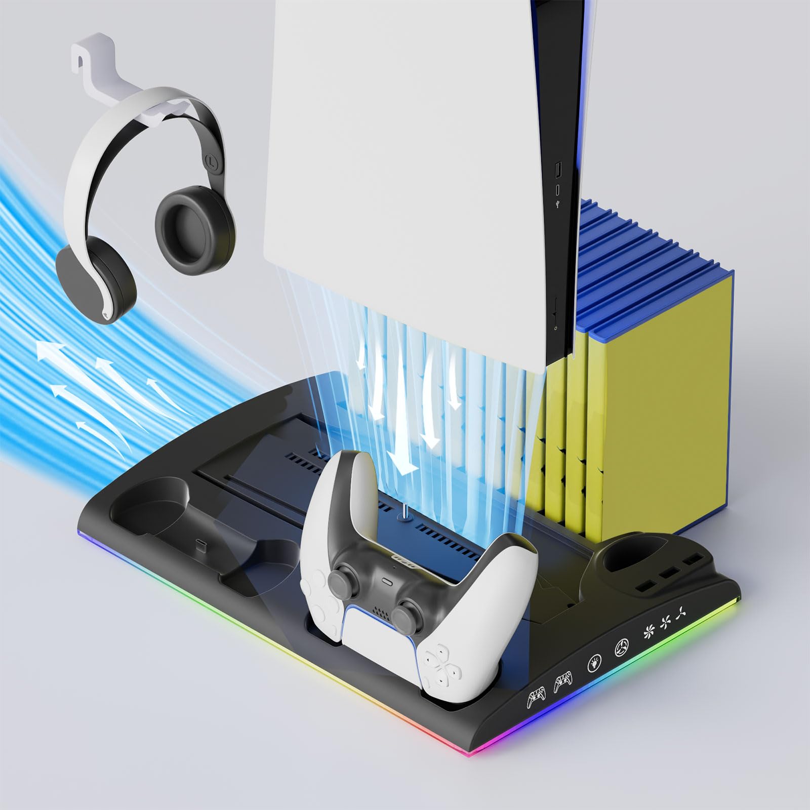 Soporte vertical de consola con soporte para auriculares compatible con ranura para cartucho de juego, ventilador de refrigeración y base de carga para controlador