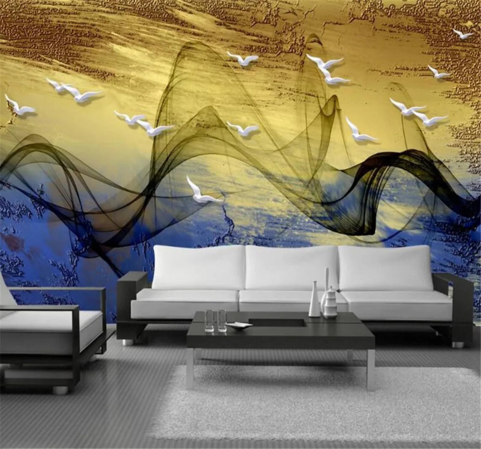 Xlming 400Cm×280Cm(B×H) Abstract Ambience Lines Birds In Flight Gold 3D Wallpaper Silky Texture Home Study Office Grey Dining Room Sofa Bedroom Living Room Tv Backdrop-400Cm×280Cm