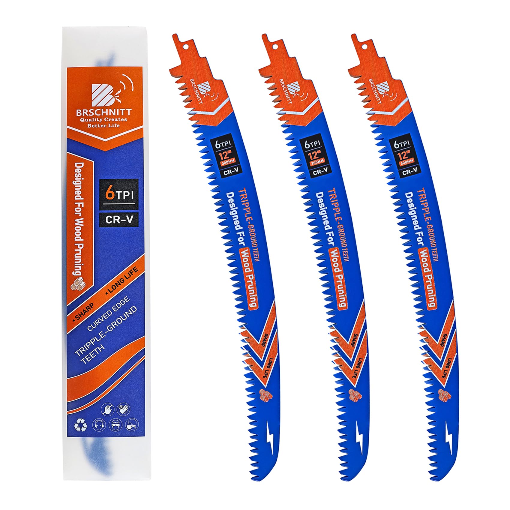 BRSCHNITT Japanese Teeth Reciprocating Saw Blades 300mm 3PCS - Curved Edge Wood Pruning Saw Blades 6TPI for Tree Trimming,Wood Cutting,Cr-V Sabre Sawzall Blades