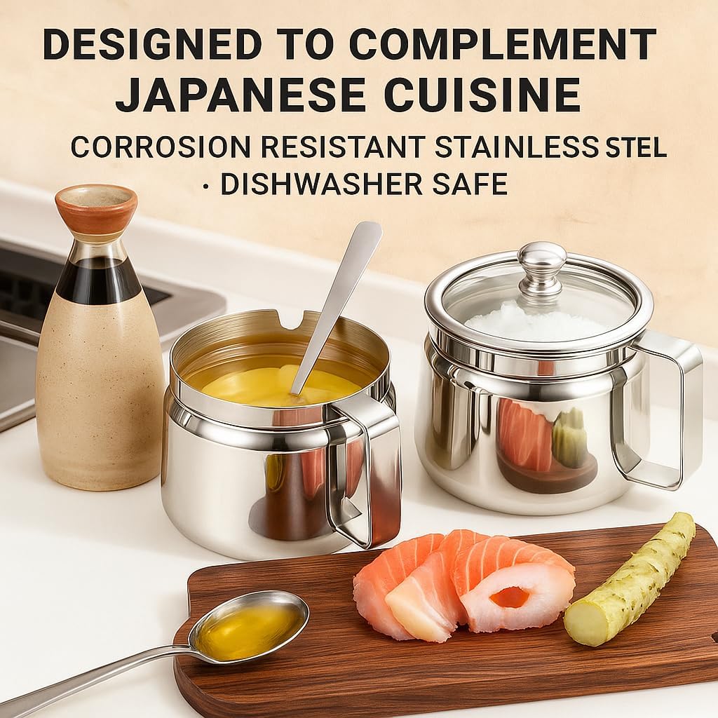 WPffv Ghee Container with Iid and Spoon Pot, 800mL Large Ghee Pot Kitchen with Handle, Stainless Steel Oil Container with Lid for Pooja Items