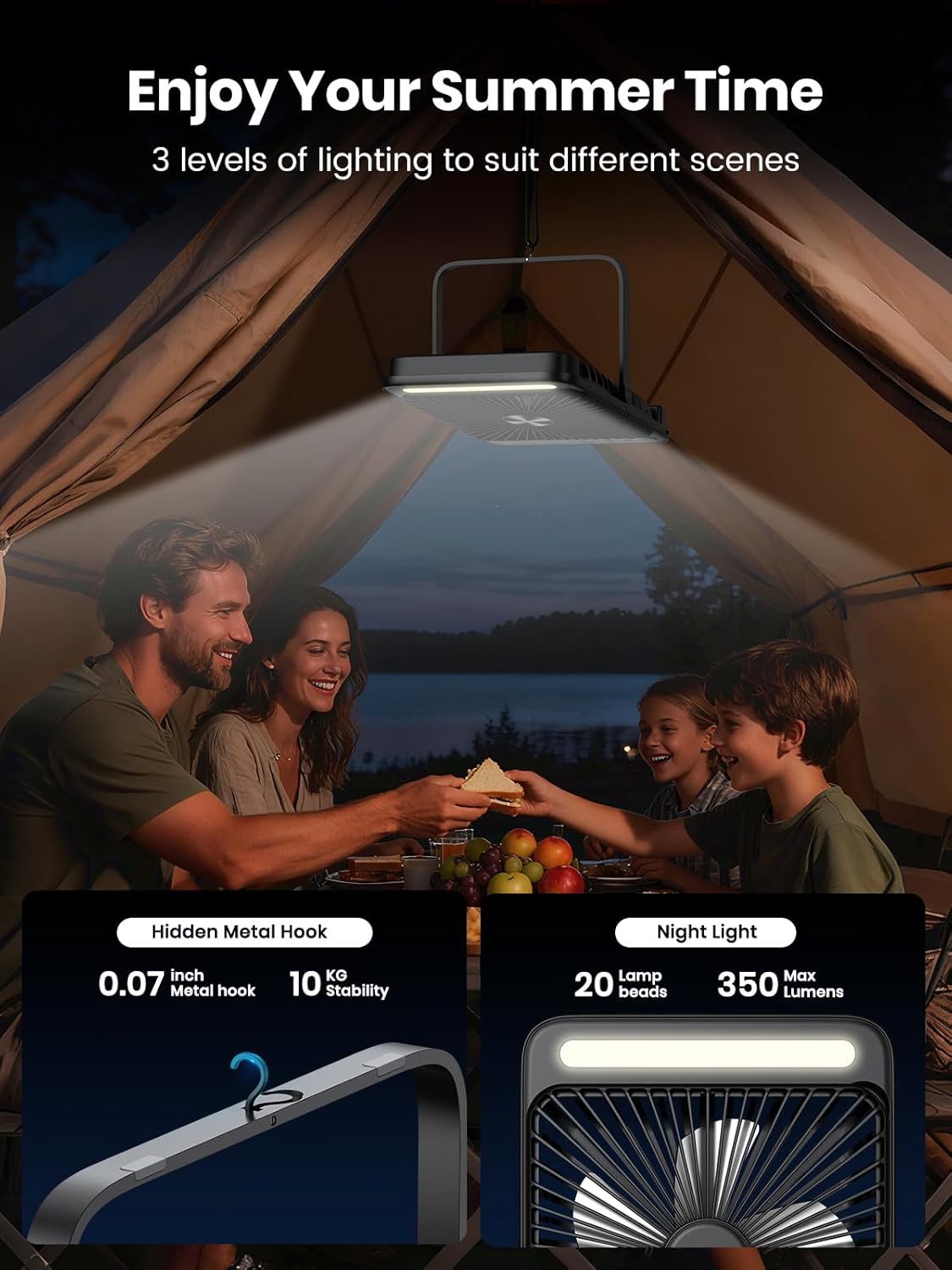 Warmco Battery Powered Fan, 20000mAh 22.5W 8-Inch Ultra-thin Rechargeable Camping Fan with LED Light, 15~48H Runtime, 8H Timer, Portable Travel Fans for Sleeping, Outdoor, Indoor, Cruise Essential - Image 3