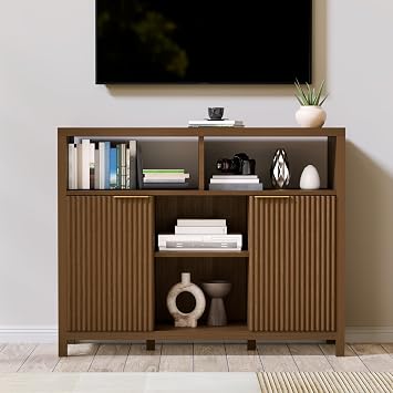 ChicFurnit Sideboard Buffet Cabinet, Farmhouse Cabinet with Fluted Doors, Thicken Wood Storage Buffet Credenzas with Open Shelf, Leg&Gold Handle, Accent Cabinet Console Table for Living Room, Walnut