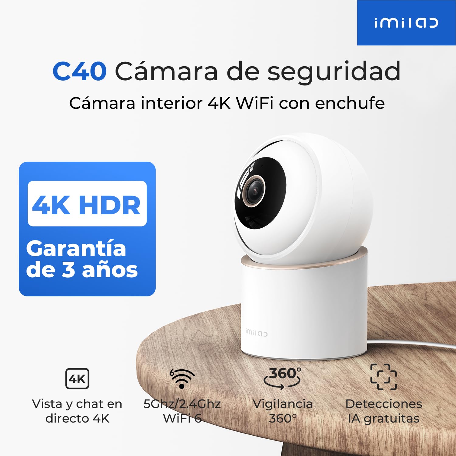 IMILAB 4K 8MP Cámara Interior, Cámara Vigilancia 360° para Mascotas/Bebés/Hogar, Compatible con Xiaomi Home App, WiFi 5G/2.4G Cám, Seguimiento Inteligente, Audio Bidireccional, Sin Suscripción(C40)
