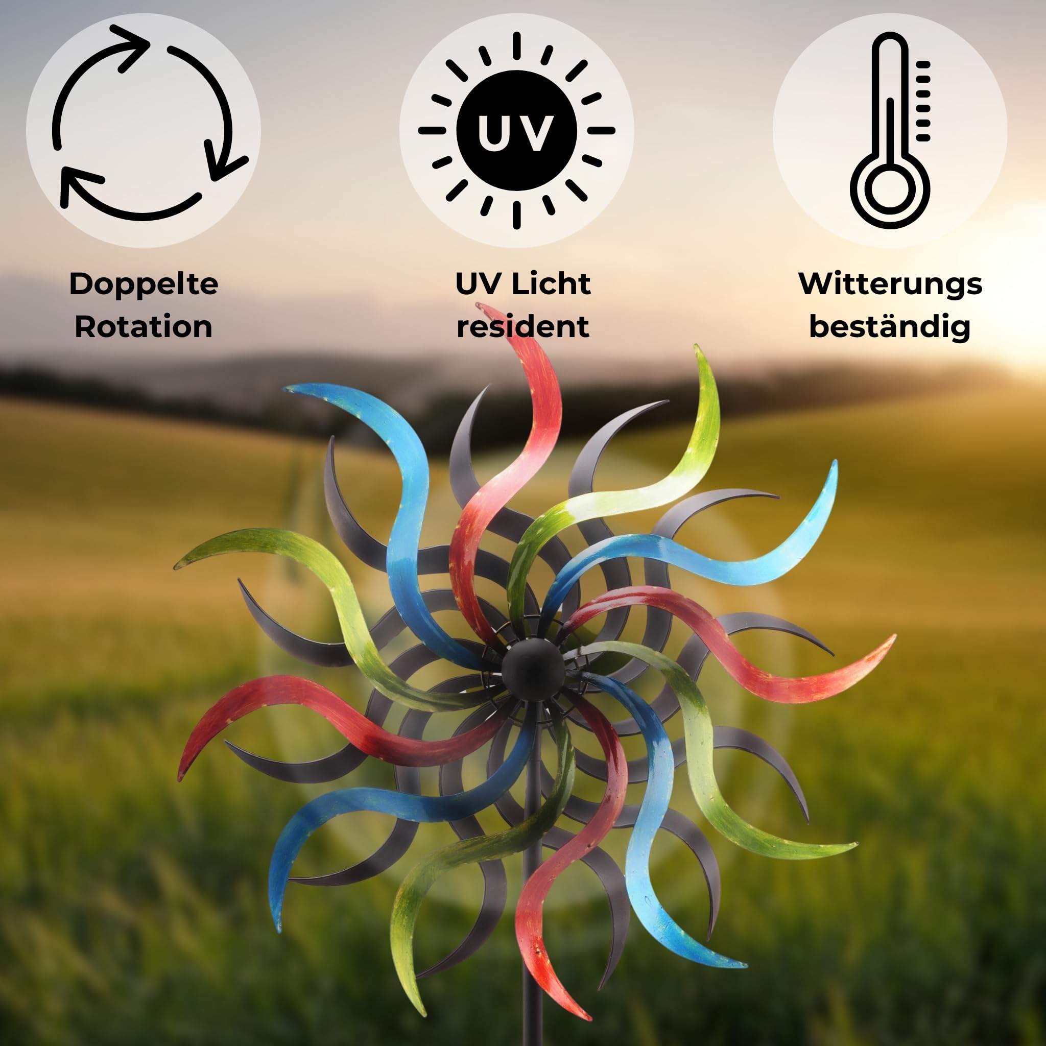 matches21 HOME & HOBBY Großes Windrad Metall 185 cm, wetterfeste Frühlings Garten-deko in Sonnenstrahlform - Bunte Windmühle