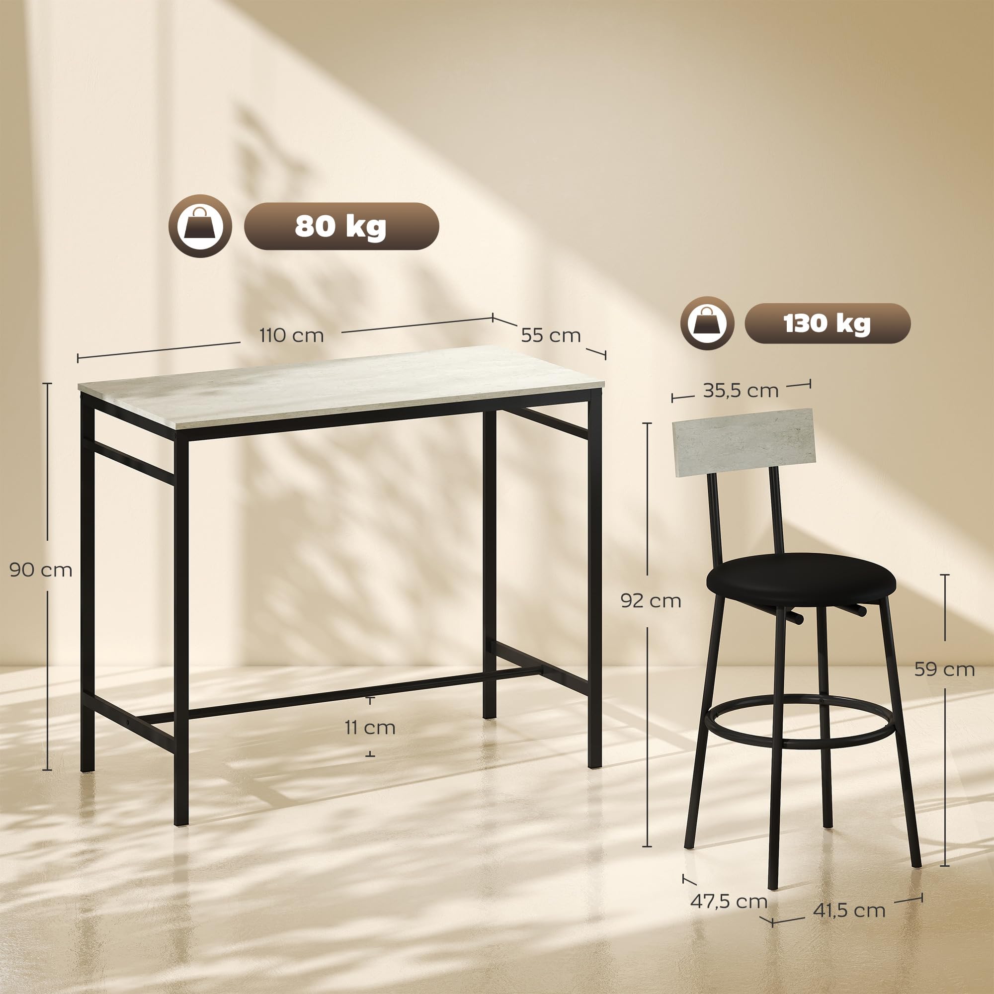 HOMCOM Ensemble table de bar avec tabourets, table haute bar et 4 tabourets, table à manger haute avec chaises, repose-pieds, structure en acier, style industriel, pour salle à manger et cuisine, gris