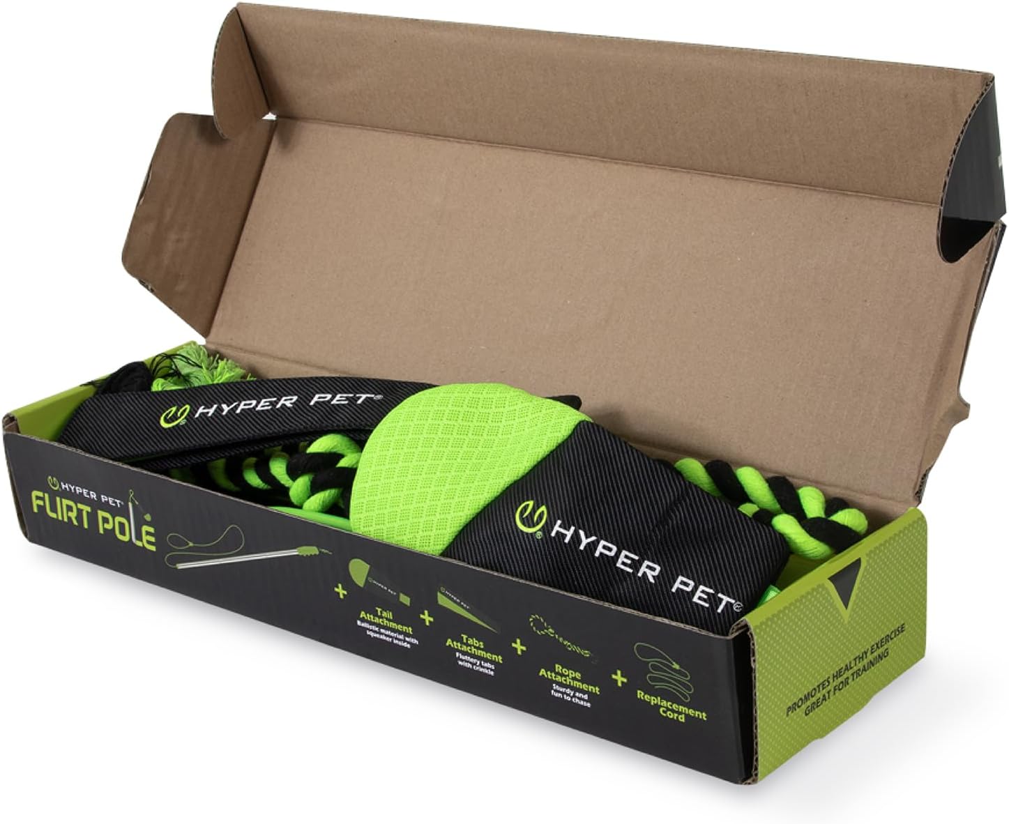 Hyper Pet Flirt Pole, Interactive Training Dog Toy, 36.5" Metal Pole with 45” Rope, 3 Toy Attachments and Replacement Rope, for All Breed Sizes