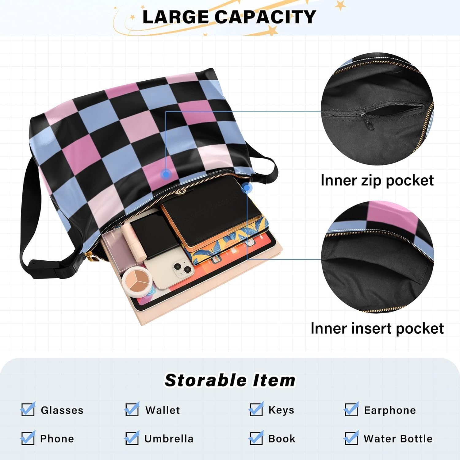 Leather Crossbody Shoulder Tote Bag for Women Men Pocket Zipper Casual Purse Messenger HandBag multicolored checkerboard print