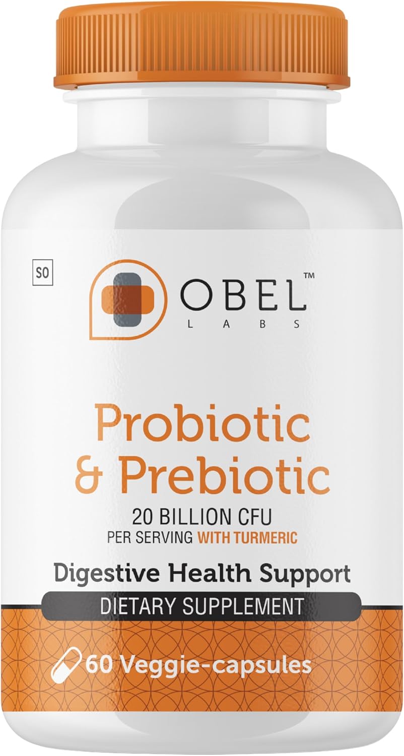 obel Probiotic & Prebiotic Supplement with Turmeric | 20 Billion CFU | 60 Capsules (30 Day Supply) | 4 Strains | Supports Digestion, Gut Balance, Regularity & Comfort