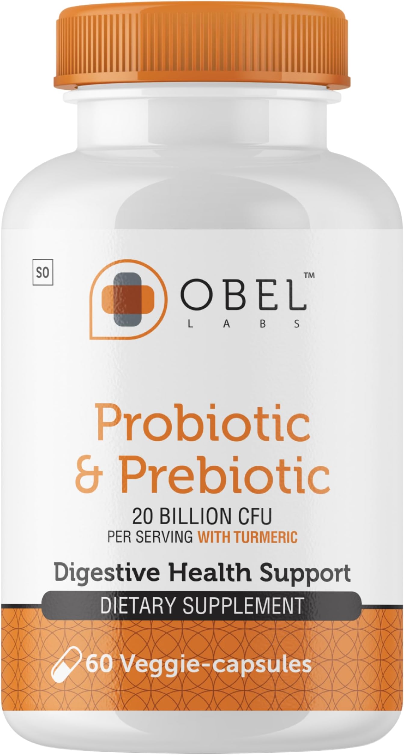 obel Probiotic & Prebiotic Supplement with Turmeric | 20 Billion CFU | 60 Capsules (30 Day Supply) | 4 Strains | Supports Digestion, Gut Balance, Regularity & Comfort