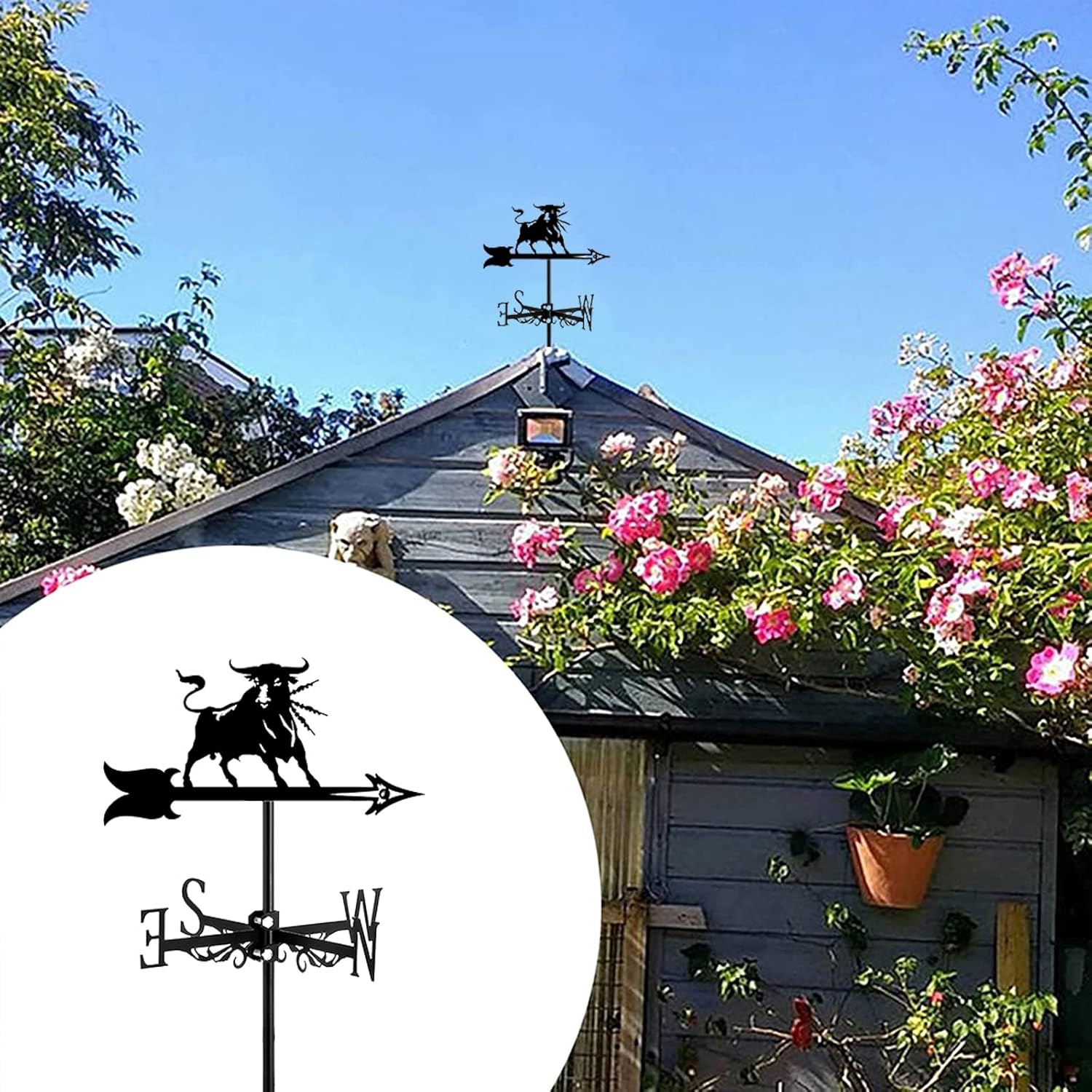 Bull Decorative Weather Vanes Retro Durable Weathervane for Outdoor Garden Roofs Mount Decoration Direction Indicator for Sheds Wind Vane Ornament Easy Install,Black,Bullfight